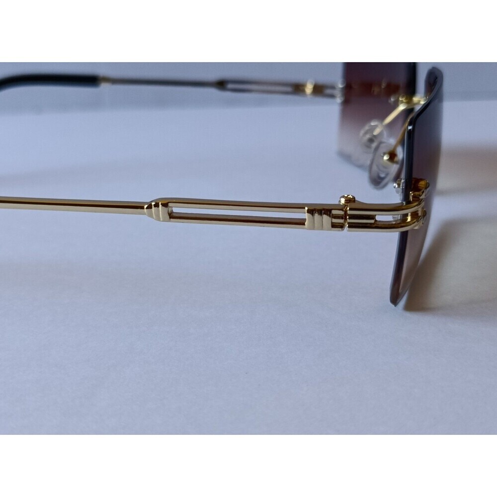 Rimless Rectangular Sunglasses Brown Tint Unisex Metal Frame - Picture 4 of 7